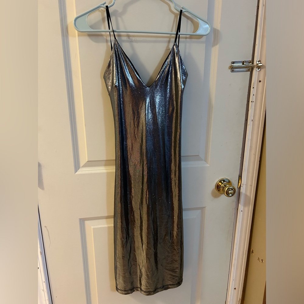 Black and Silver Sheath Cocktail Dress with Spaghetti Straps